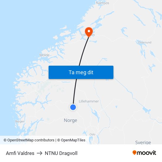 Amfi Valdres to NTNU Dragvoll map