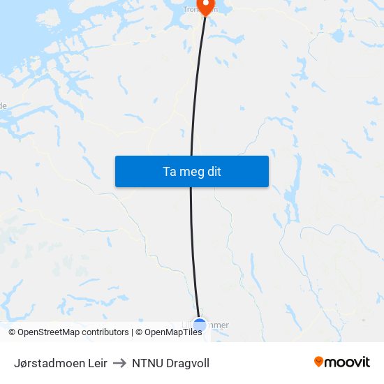 Jørstadmoen Leir to NTNU Dragvoll map