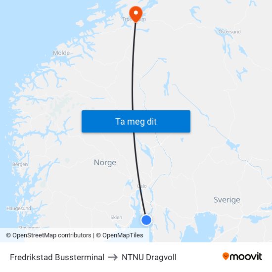 Fredrikstad Bussterminal to NTNU Dragvoll map