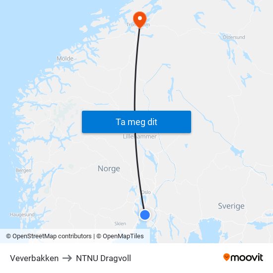 Veverbakken to NTNU Dragvoll map