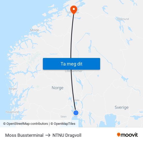 Moss Bussterminal to NTNU Dragvoll map