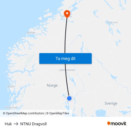Huk to NTNU Dragvoll map