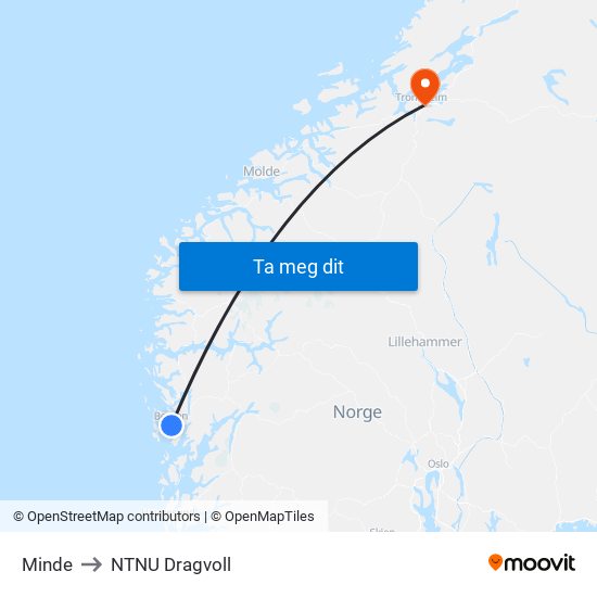 Minde to NTNU Dragvoll map