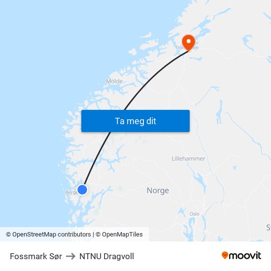 Fossmark Sør to NTNU Dragvoll map