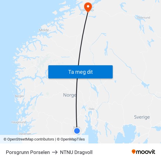 Porsgrunn Porselen to NTNU Dragvoll map