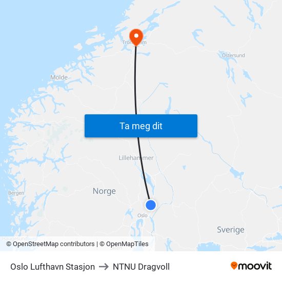 Oslo Lufthavn Stasjon to NTNU Dragvoll map