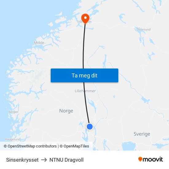 Sinsenkrysset to NTNU Dragvoll map