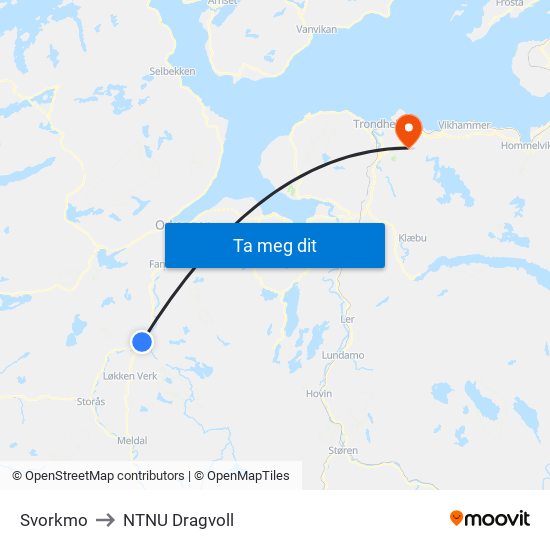 Svorkmo Klinglivegen to NTNU Dragvoll map