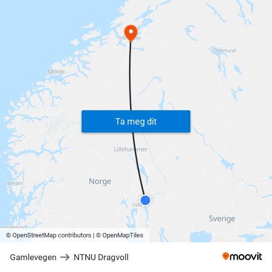 Gamlevegen to NTNU Dragvoll map