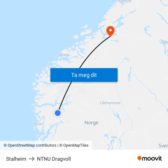Stalheim to NTNU Dragvoll map