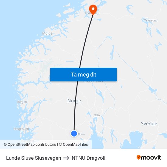 Lunde Sluse Slusevegen to NTNU Dragvoll map