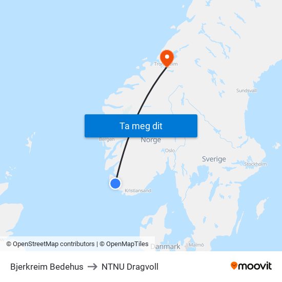 Bjerkreim Bedehus to NTNU Dragvoll map