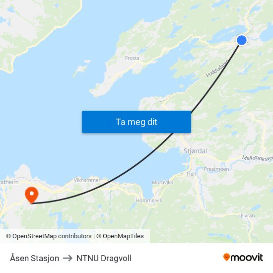 Åsen Stasjon to NTNU Dragvoll map