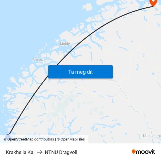 Krakhella Kai to NTNU Dragvoll map