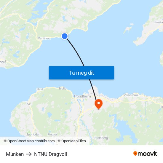 Munken to NTNU Dragvoll map
