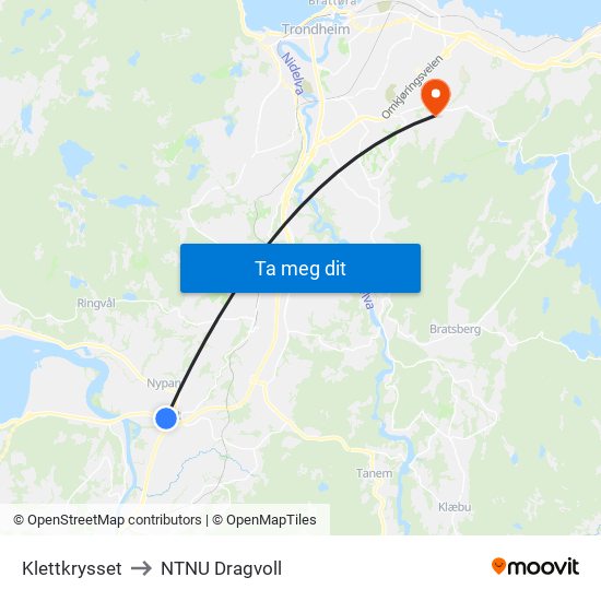 Klettkrysset to NTNU Dragvoll map