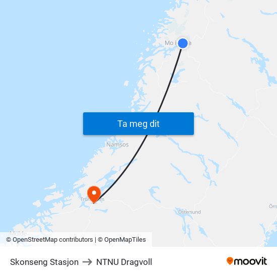Skonseng Stasjon to NTNU Dragvoll map