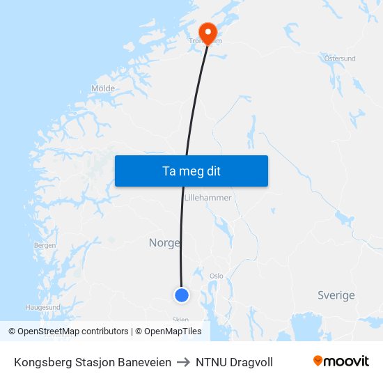 Kongsberg Stasjon Baneveien to NTNU Dragvoll map