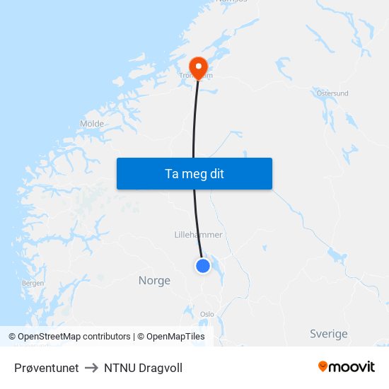 Prøventunet to NTNU Dragvoll map