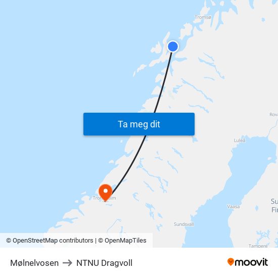 Mølnelvosen to NTNU Dragvoll map