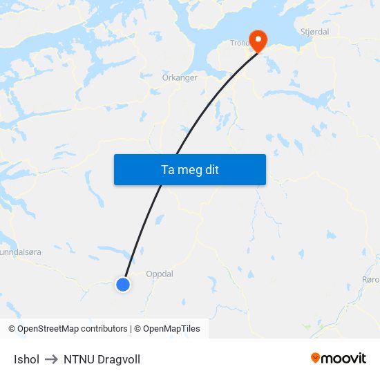 Ishol to NTNU Dragvoll map