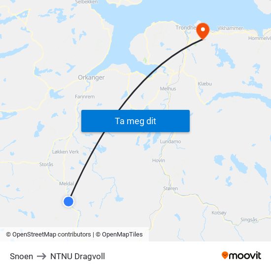 Snoen to NTNU Dragvoll map