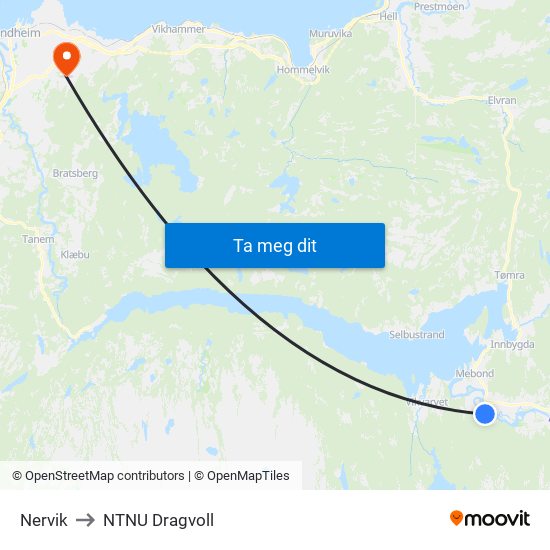 Nervik to NTNU Dragvoll map