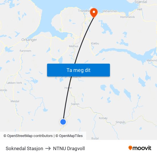 Soknedal Stasjon to NTNU Dragvoll map