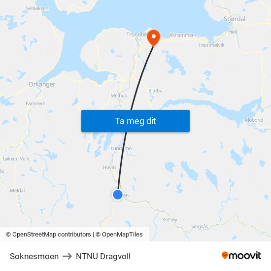 Soknesmoen to NTNU Dragvoll map