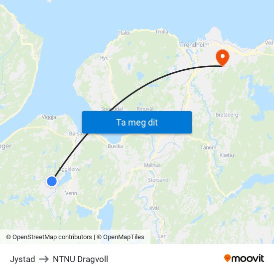 Jystad to NTNU Dragvoll map