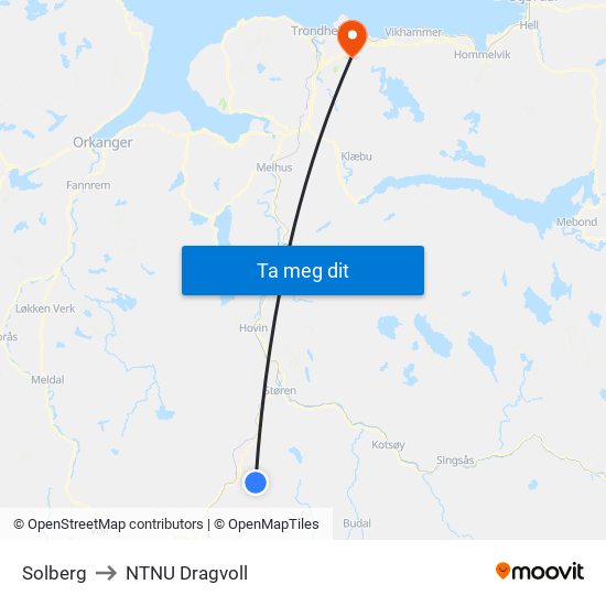 Solberg to NTNU Dragvoll map