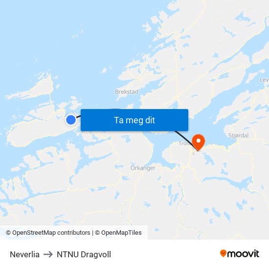 Neverlia to NTNU Dragvoll map