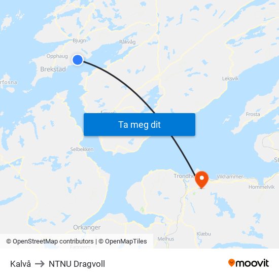 Kalvå to NTNU Dragvoll map