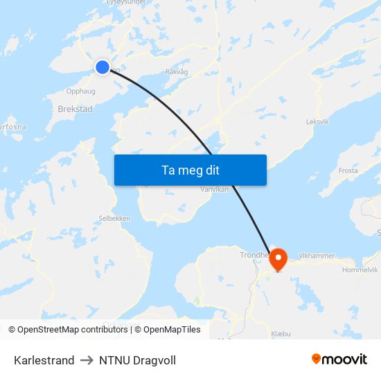 Karlestrand to NTNU Dragvoll map