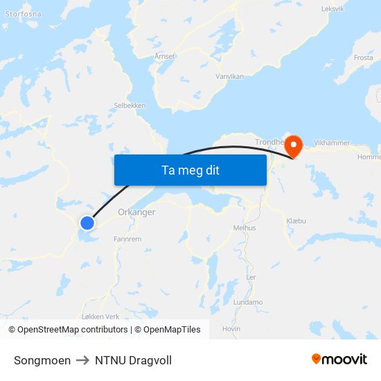 Songmoen to NTNU Dragvoll map