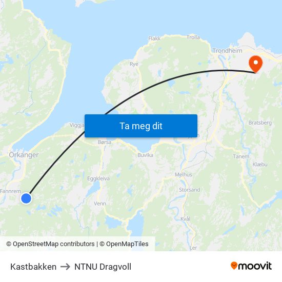 Kastbakken to NTNU Dragvoll map