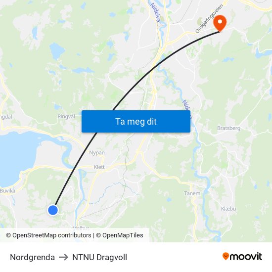 Nordgrenda to NTNU Dragvoll map