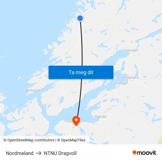 Nordmeland to NTNU Dragvoll map