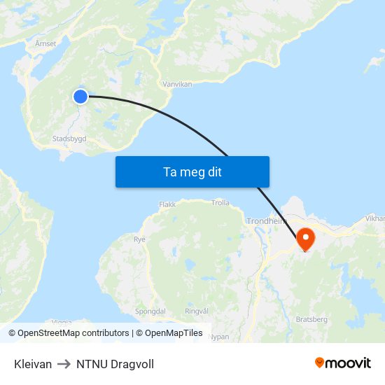 Kleivan to NTNU Dragvoll map