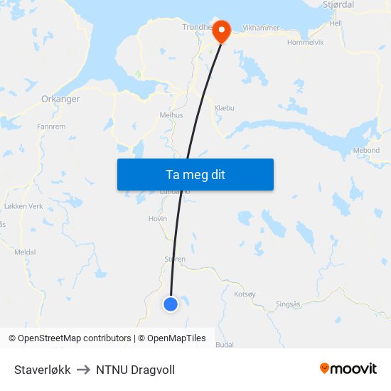 Staverløkk to NTNU Dragvoll map