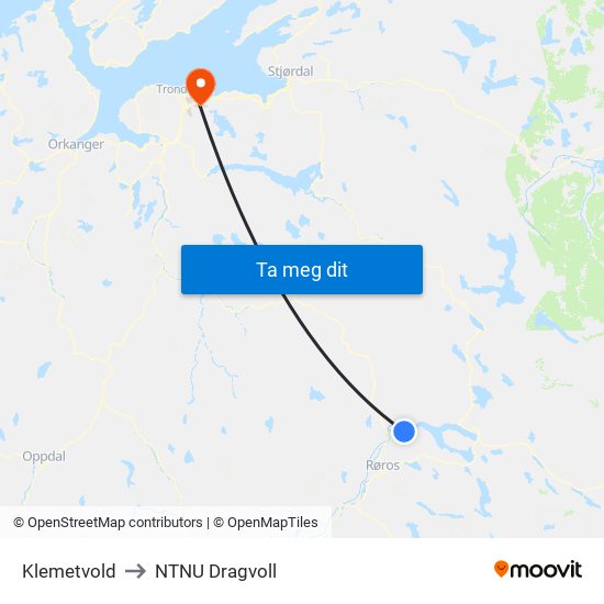 Klemetvold to NTNU Dragvoll map