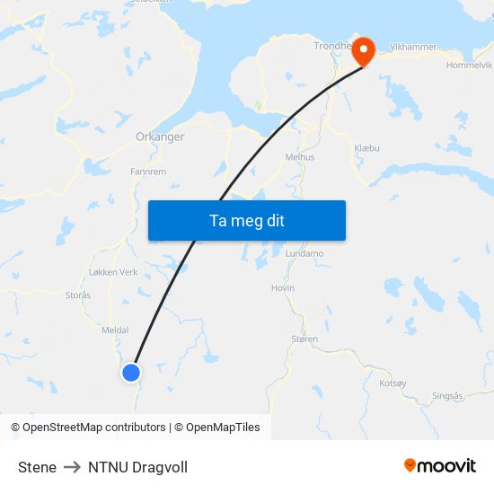Stene to NTNU Dragvoll map