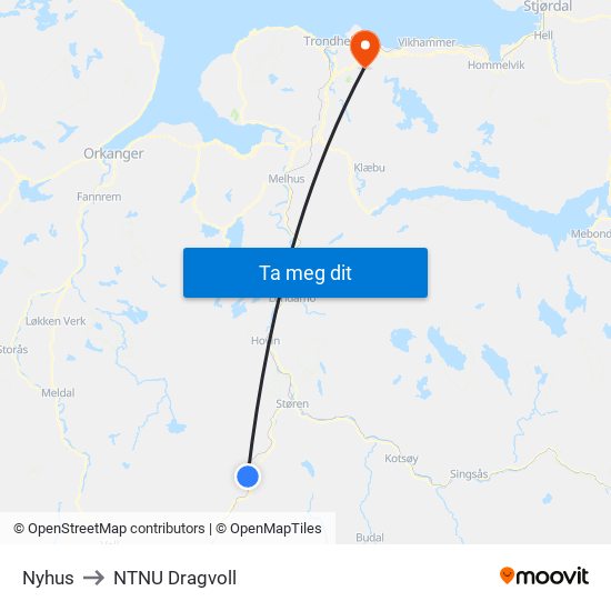 Nyhus to NTNU Dragvoll map