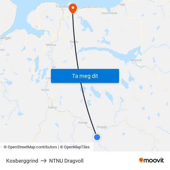 Kosberggrind to NTNU Dragvoll map