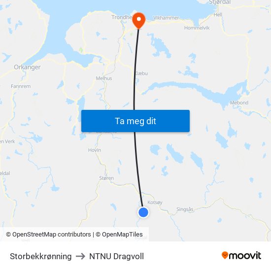 Storbekkrønning to NTNU Dragvoll map