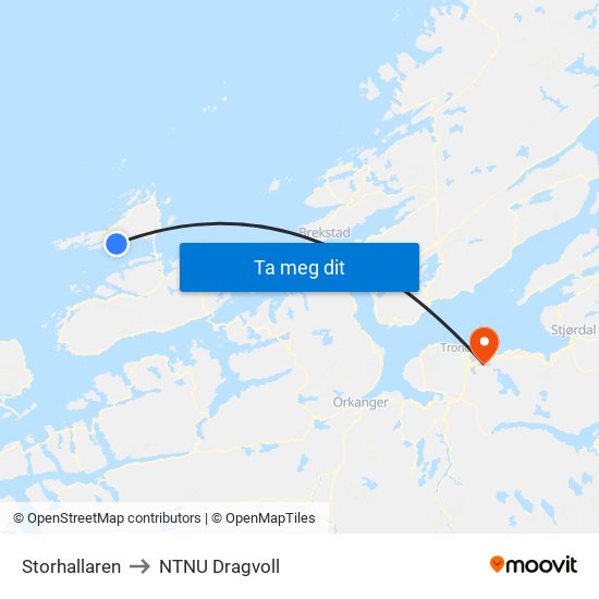 Storhallaren to NTNU Dragvoll map