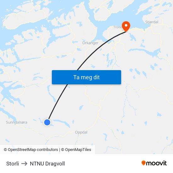 Storli to NTNU Dragvoll map
