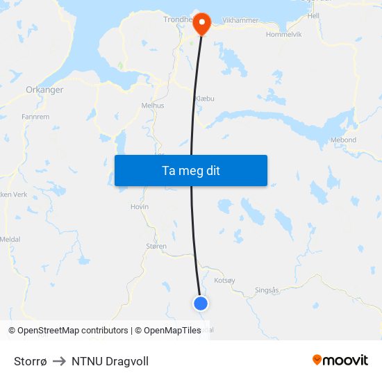 Storrø to NTNU Dragvoll map