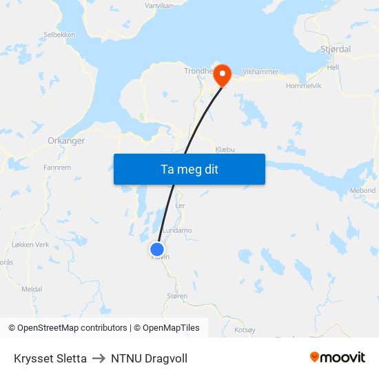 Krysset Sletta to NTNU Dragvoll map