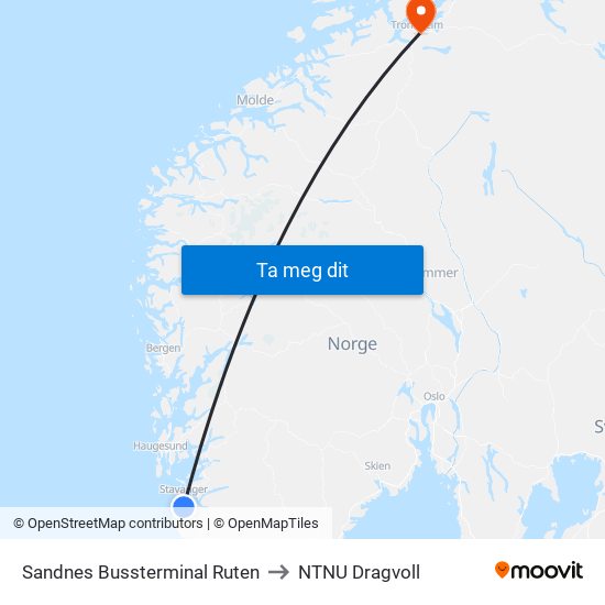 Sandnes Bussterminal Ruten to NTNU Dragvoll map